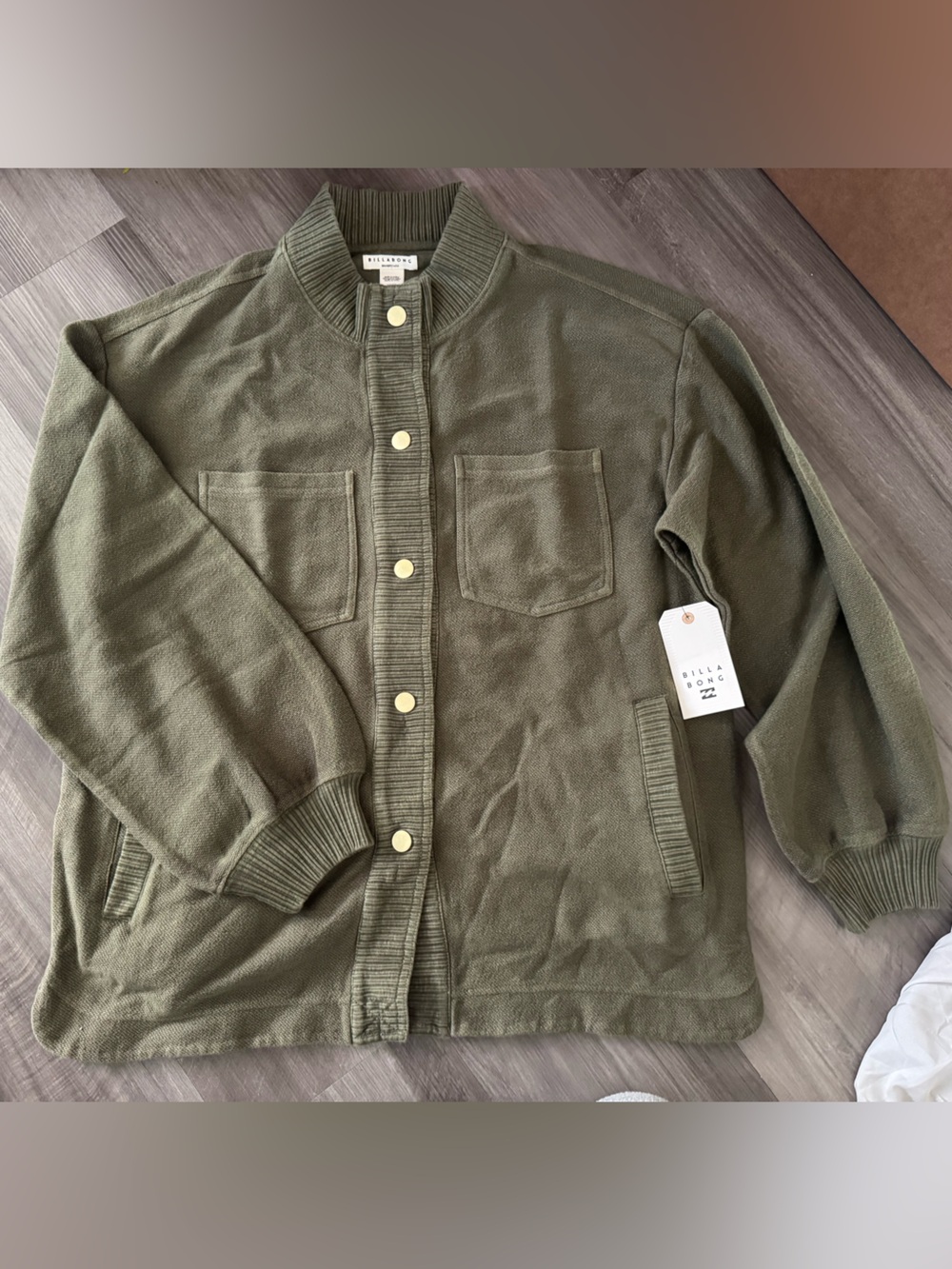 Billabong Women’s Olive Green Knit Cardigan Shacket with Patch Pockets